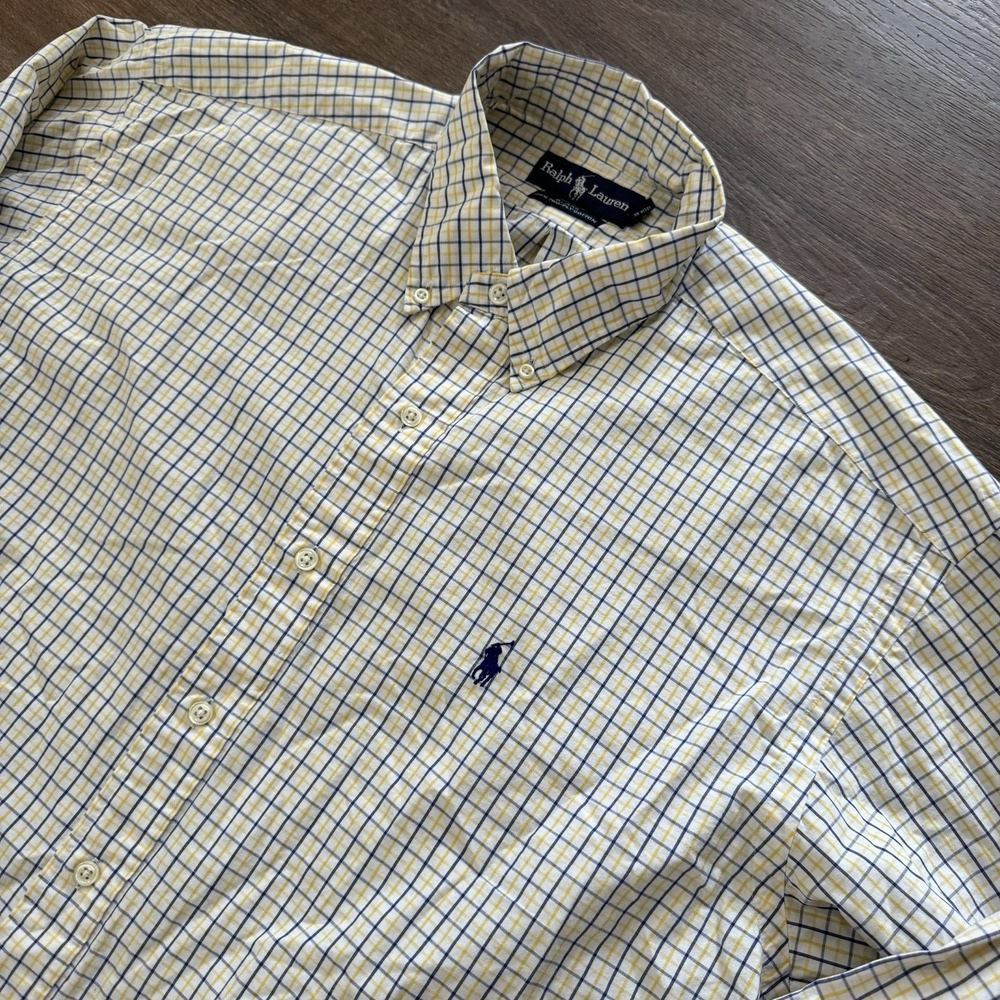 Ralph Lauren Blake Two Ply Cotton Mens Sz L Button Down Plaid Blue Yellow White